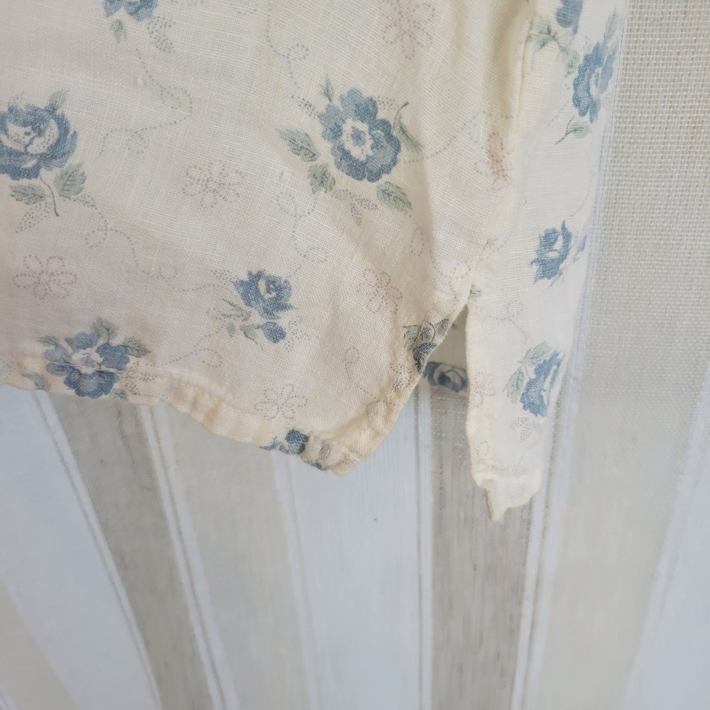 Vintage Bay Street Linen Blouse Top Floral White Blue Size Large Boxy Fit Boho - Picture 3 of 10